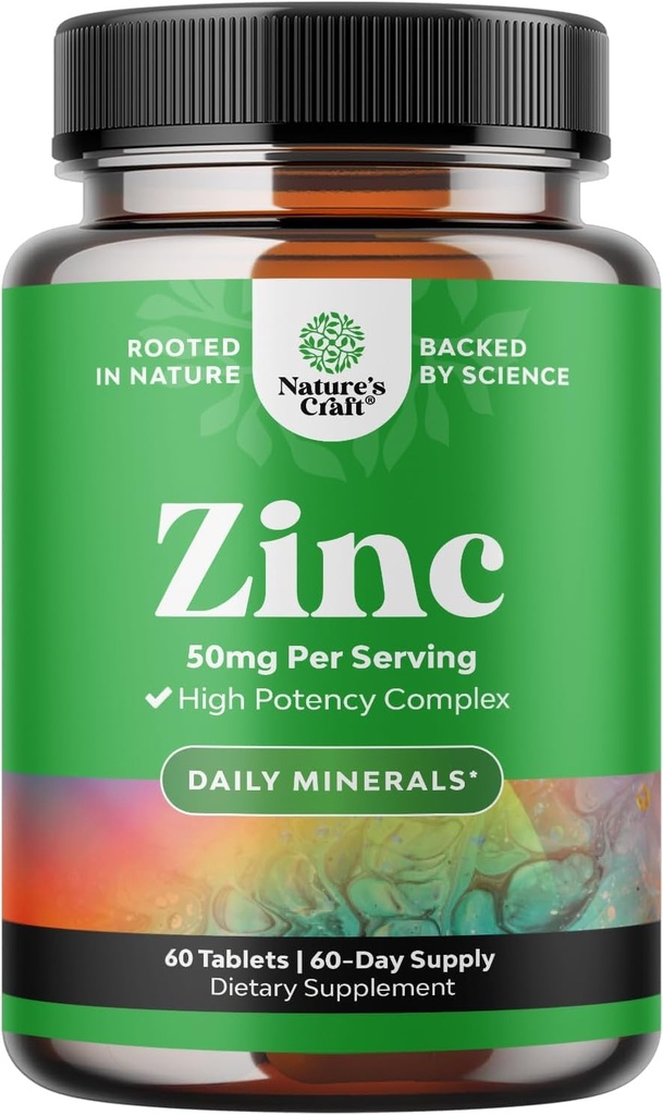 Supplément de soutien immunitaire Zinc 50mg - Supplément complexe de zinc pour le système immunitaire et pour améliorer la peau des cheveux et les ongles vitamines - Facile à avaler Potent comprimés quotidiens pour les adultes
