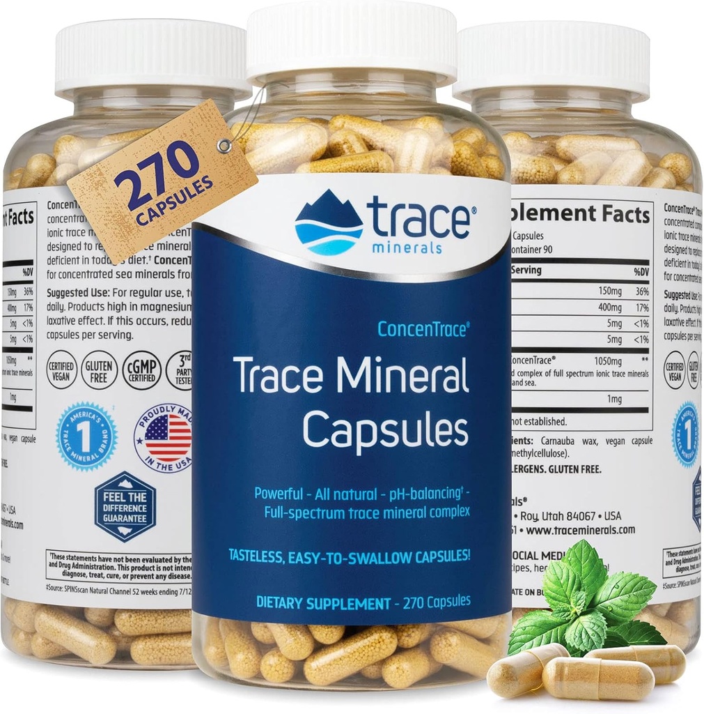 Trace Minerals Capsules de ConcenTrace à faible teneur en sodium - Supplément pour soutenir la santé osseuse et l'énergie corporelle - Supplément de soutien à l'hydratation saine et aux électrolytes - 270 capsules (90 portions)