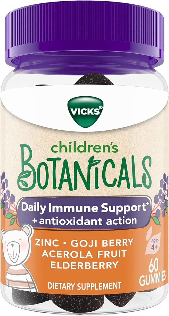 Vicks Enfants Botaniques Aide Immunique quotidienne* + Action antioxydante, Gummies, Fait avec Zinc, Goji Berry, Acerola Fruit, et Elderberry, 60 ct