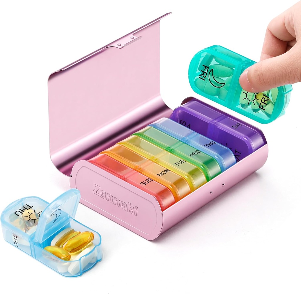 Zannaki Metal XL Weekly Pill Organizer 2 Times a Day, Large Travel Daily Pill Box 7 Day, Portable Week Twice Pill Holder Container, AM PM Pill Case for Medicine Vitamin Medication Supplement, Pink