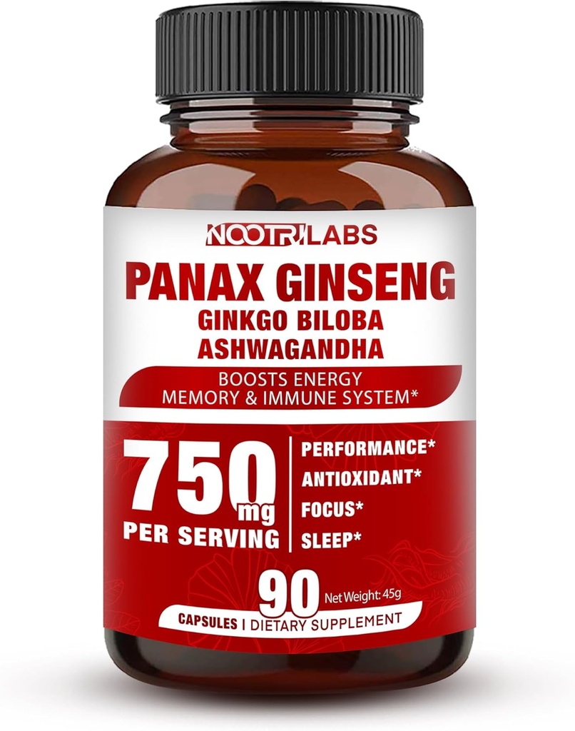 Panax rouge coréen Ginseng 750mg plus grande puissance avec Ginkgo Biloba et Ashwagandha, Boost Energy, Memory, et système immunitaire - Pills de supplément de focus pour les hommes et les femmes, 90 Capsules Vegan
