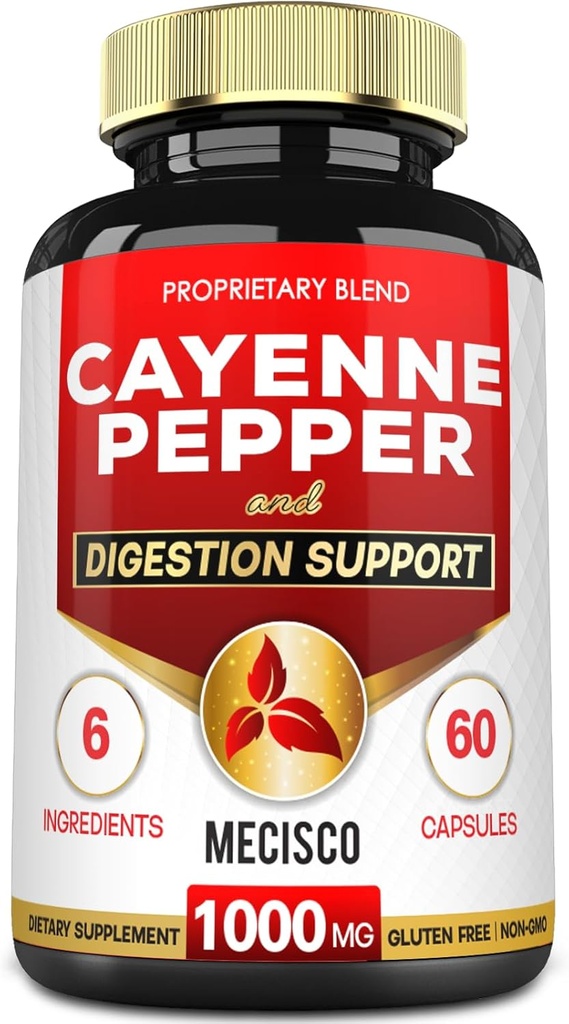 6en1 Cayenne Capsules de poivre avec racine de gingembre, racine de betterave et poivre noir et plus - 60 Capsules - Cayenne Supplément soutient le système de digestion, immunité