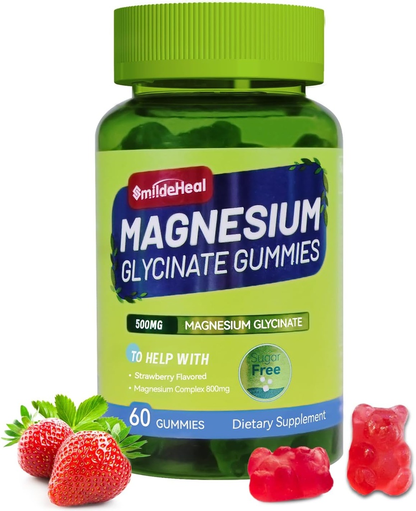 Glycinat de magnésium Gommies 500mg avec L-Thréonate 300mg - Supplément de potassium de magnésium sans sucre avec vitamine D, B6, CoQ10 - Aromatisé aux fraises - 60 Gommies