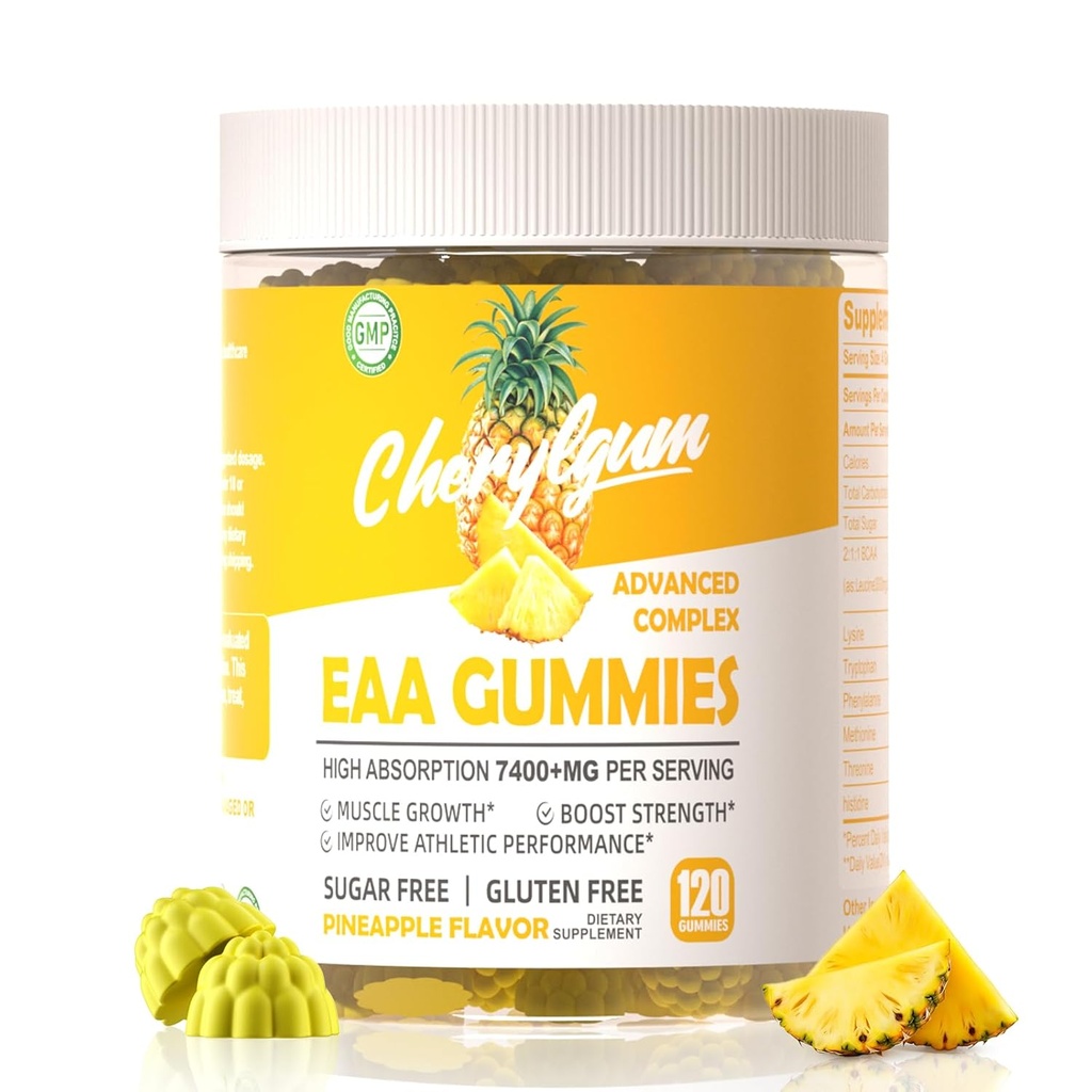 EAA Gummies 120 Gummies d'ananas, 7400 mg Acides aminés essentiels - Tous les 9 Aminos essentiels (EAA) et tous les Aminos à chaîne ramifiée (BCAA), non-OGM, sans gluten, respectueux des végétaux.