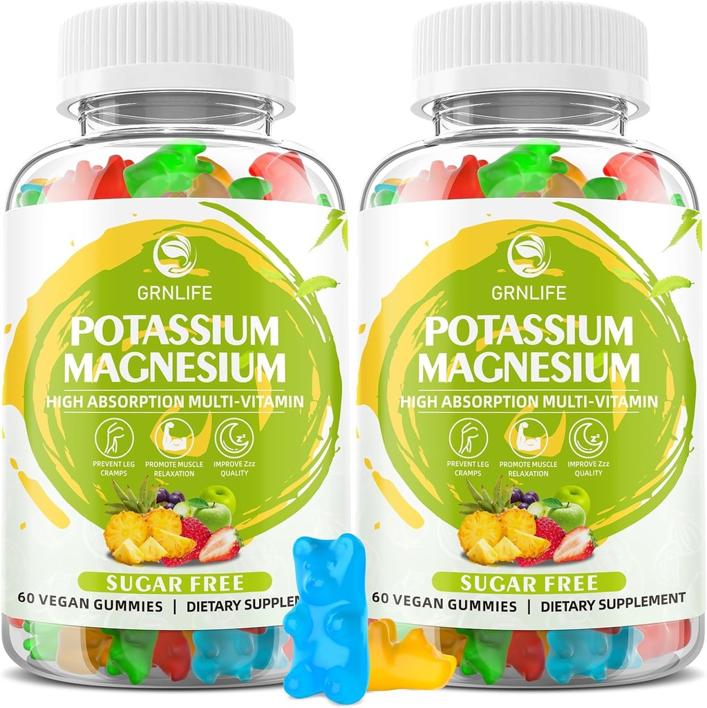Supplément de magnésium de potassium Gommies, Gommies de potassium pour les adultes Enfants, Magnésium haute absorption Glycinate pour les crampes des jambes et la santé immunitaire, sans sucre, saveurs mixtes végétaliennes, 120 comte