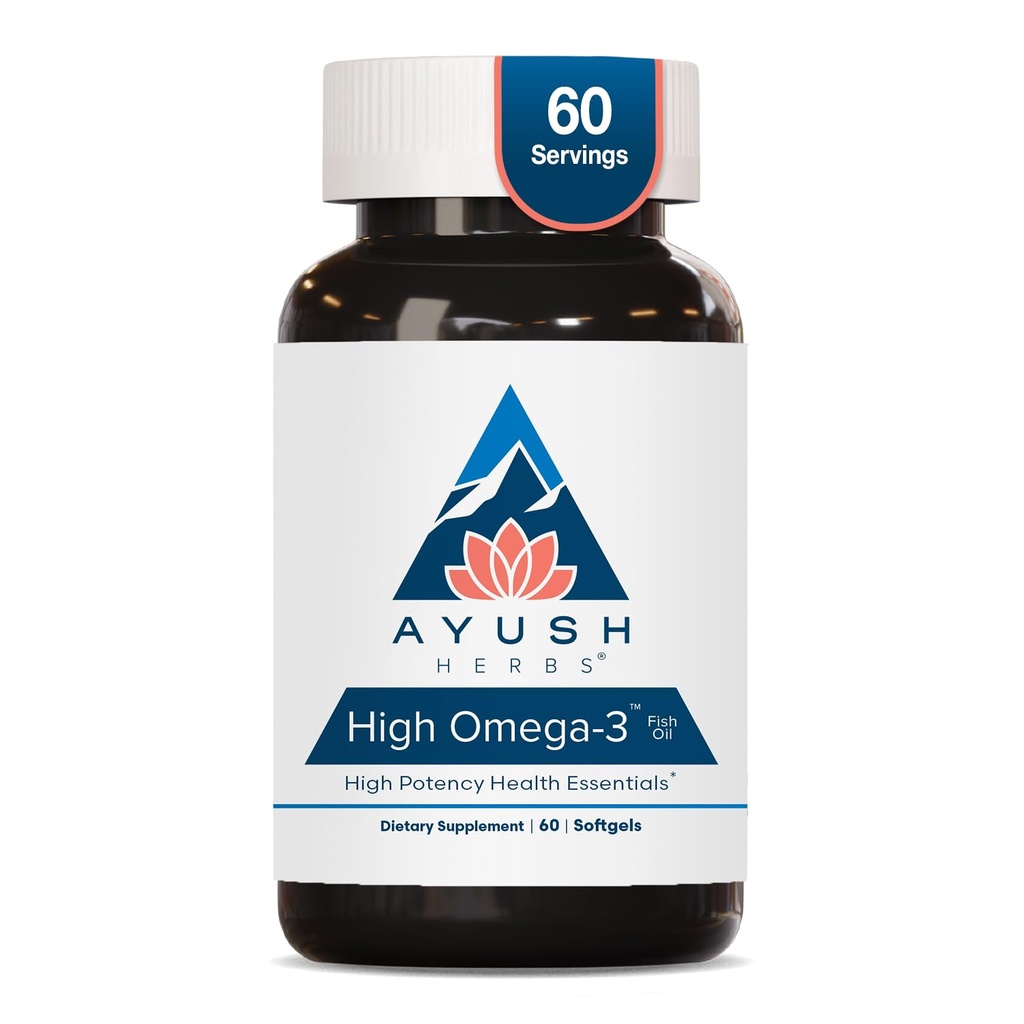 Ayush Herbes High Omega 3 - Omega 3 Huile de poisson, 1000mg Par Capsule, Supplément d'huile de poisson EPA & DHA pour les femmes et les hommes, Saveur de citron naturel - 60 Capsules Softgel (1 Compte)