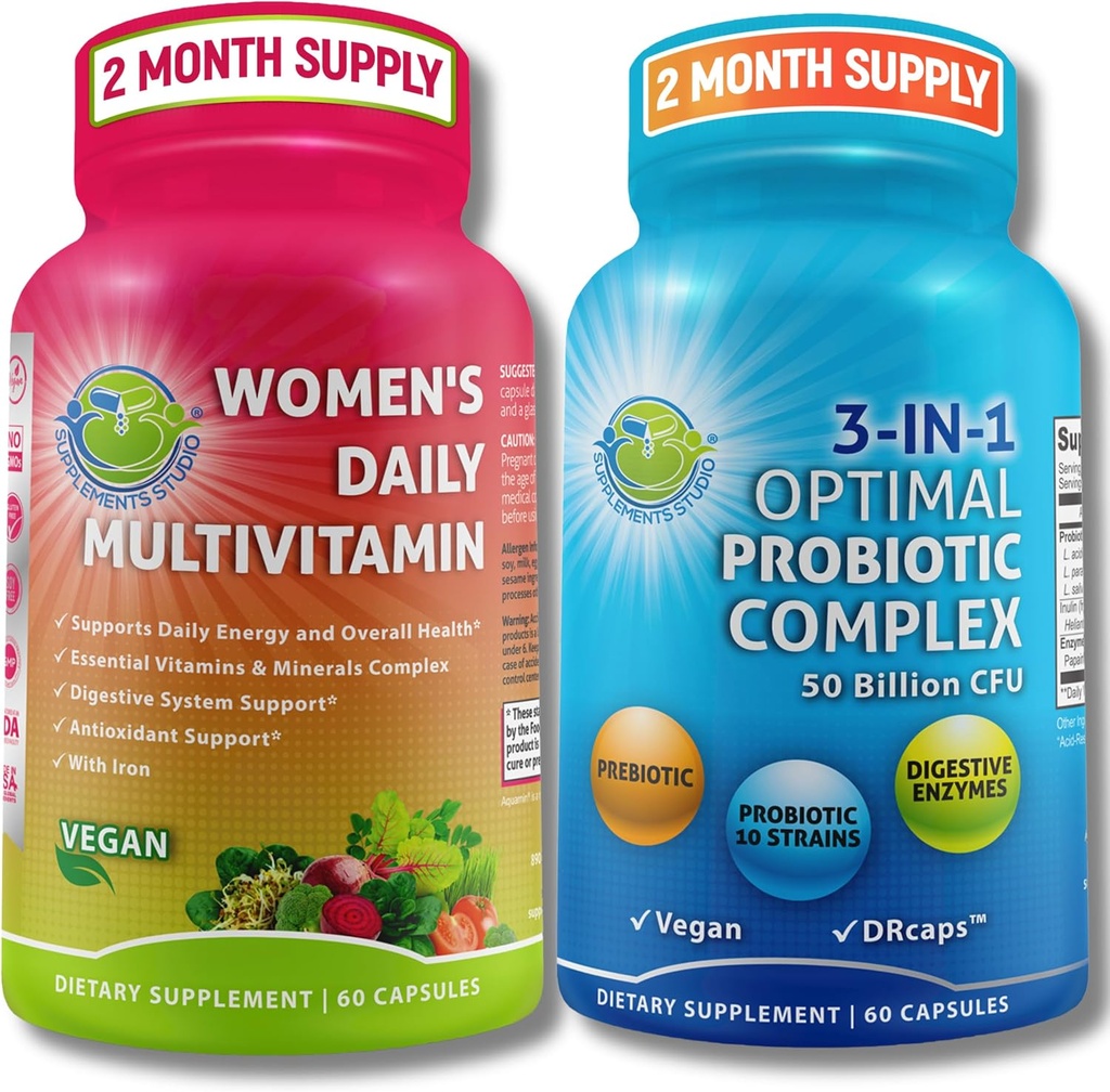 Ensemble de soutien multivitamine et probiotique pour les femmes – 3-en-1 Probiotique avec enzymes digestives et prébiotiques et femmes – Multivitamine quotidienne avec fer – Vegan, non-OGM, Clean Daily Wellness Support