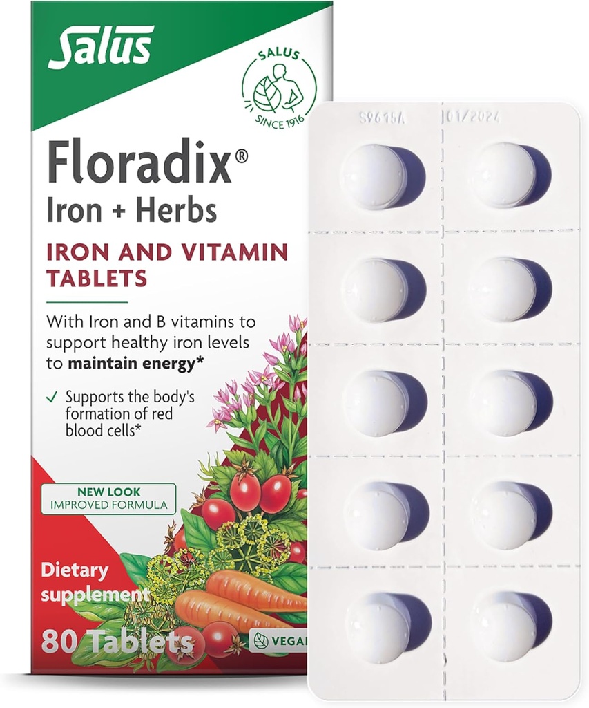 Comprimés de fer Floradix - Supplément de fer avec des vitamines B, acide folique, vitamine C et plus - Soutien énergétique - Végétarien et sans gluten - 80 comprimés (80 portions)