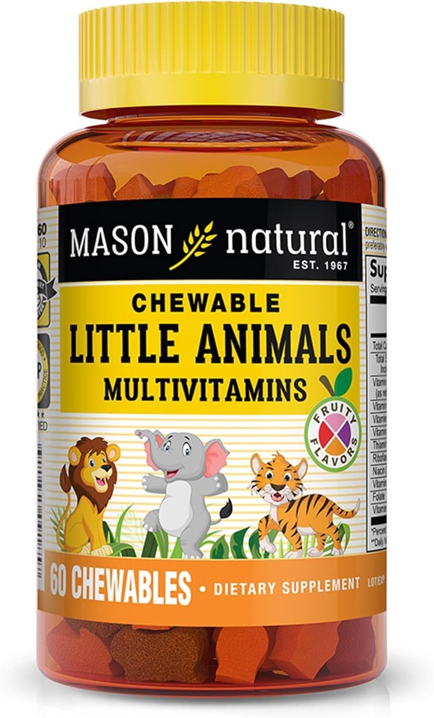 MASON NATURAL Chewable Little Animals Multivitamines pour enfants - Multivitamine quotidienne pour enfants avec vitamine A, C, D, B1, B2, B3, B6, B12 et folate - 60 comprimés à mâcher en forme d'animal
