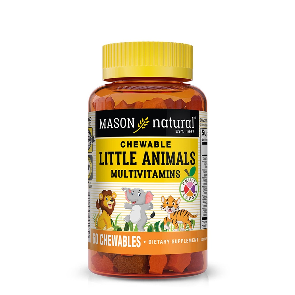 MASON NATURAL Chewable Little Animals Multivitamines pour enfants - Multivitamine quotidienne pour enfants avec vitamine A, C, D, B1, B2, B3, B6, B12 et folate - 60 comprimés à mâcher en forme d'animal