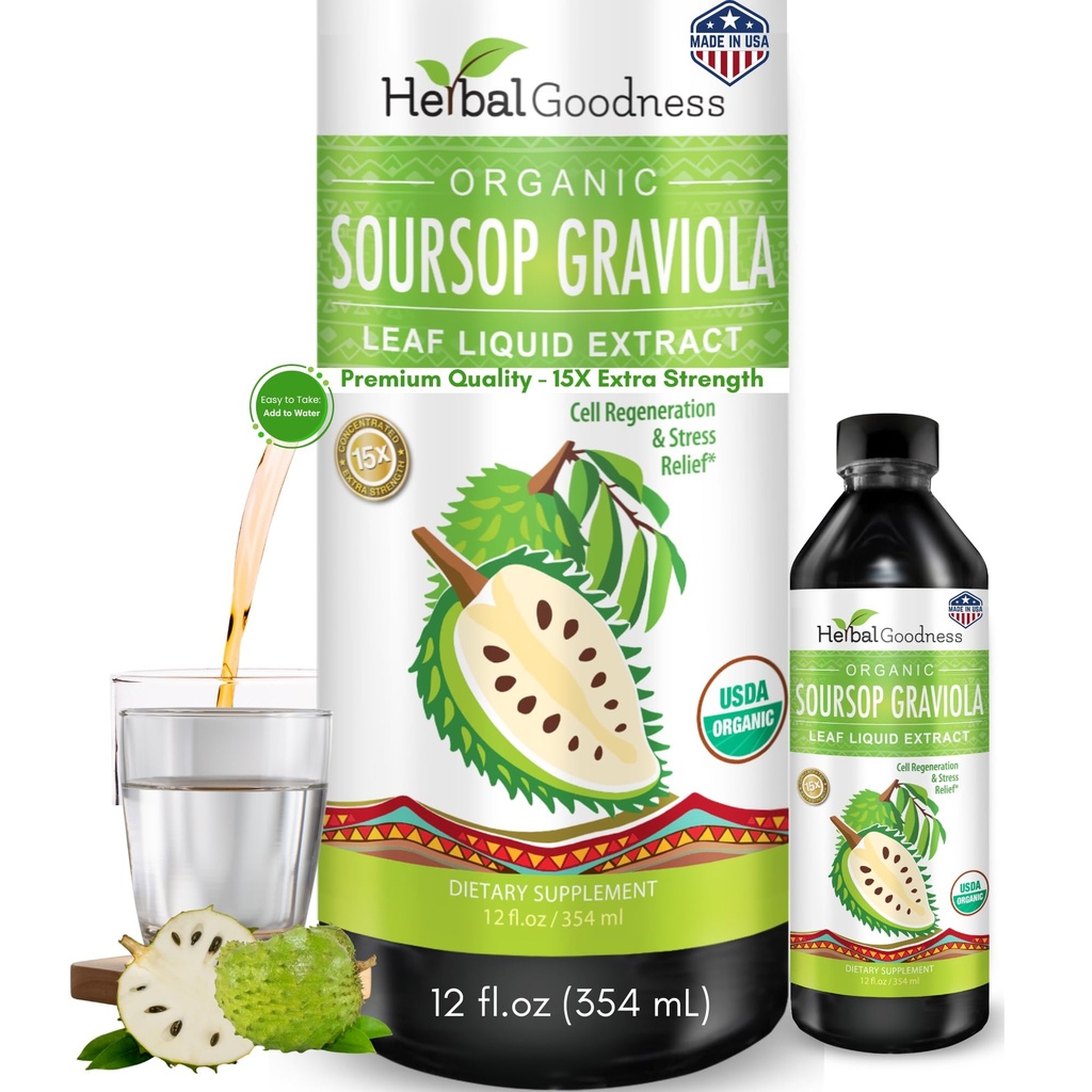 Herbal Bonness Soursop Graviola Liquid Drops 12 Fl Oz - 15X Strength Organic Guanábana Soursop Leaves Extract for Gut Health, Cell & Immune Support Serene Soursop Drops - Vegan, Non-OGM, Made in USA