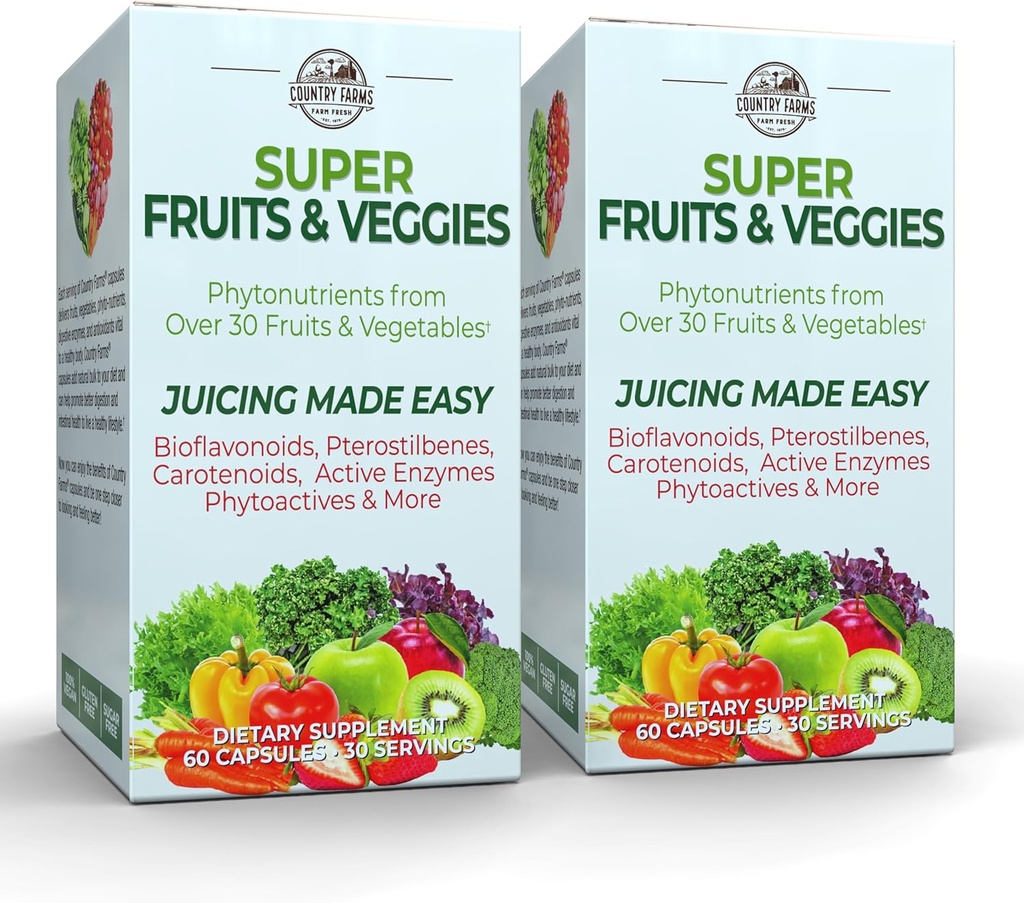 COUNTRY FARMS Super Fruits and Veggies Capsules, Whole Food Supplement, Powerful Antioxidant, Supports Energy, Immune Health, Boosts Digestive Health, 30 Organic Super Foods, 60 Servings, 2 Pack