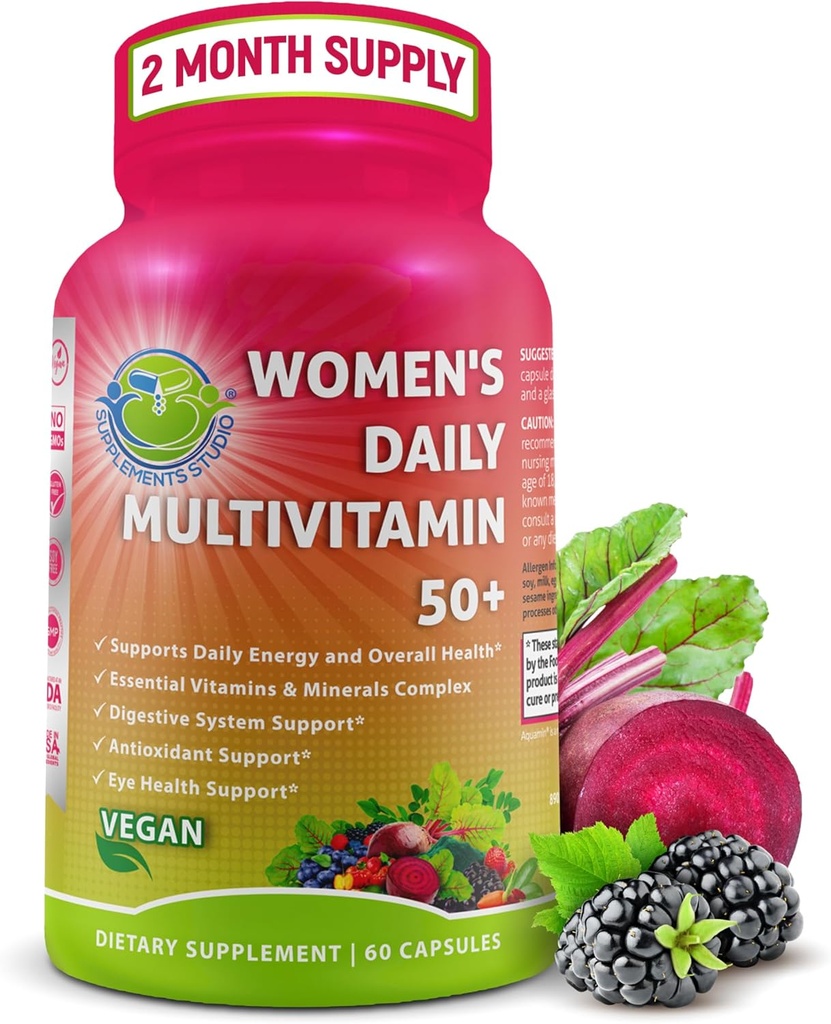 Multivitamine quotidienne 50 Plus - Multivitamine méthylée végane pour les femmes 50 et plus avec Biotine, Superfoods organiques et Lutéine - Eye, Energy, Gut & Optimal Health Support - Capsules faciles à avaler