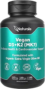 Naturalis Vitamine Vegan D3 + K2 avec l'huile d'olive vierge extra. 5000iu Vitamine D avec 120mcg MK7 Vitamine K. Meilleur soutien pour la santé osseuse et immunitaire.