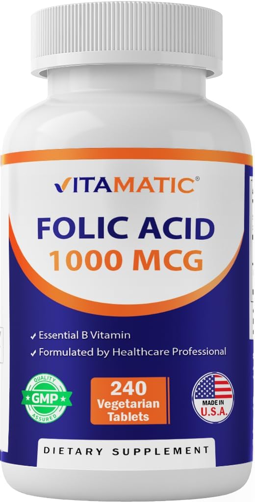 Acide folique vitamatique 1000 mcg (1 mg) - Comprimés végétariens - 1667 mcg DFE - Vitamine B9 (240 Nombre (paquet de 1))