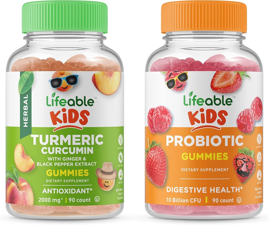 Curcumine curcumine curcuma vieable enfants + probiotiques 5 milliards d'enfants, Gummies Bundle - Grande dégustation, supplément de vitamine, sans gluten, sans OGM, gummy à croquer