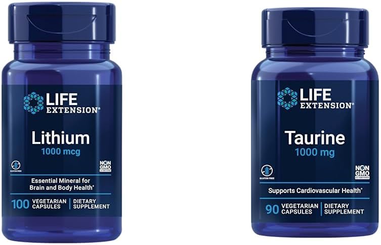 Life Extension Lithium 1000 mcg et Taurine 1000 mg - Santé du cerveau, Anti-Age, Longévité, Mémoire, Cognition, Mood, Heart, Foie, Muscle et Soutien d'exercice - 100 Compte