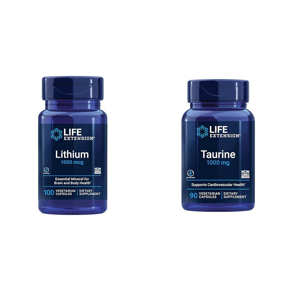 Life Extension Lithium 1000 mcg et Taurine 1000 mg - Santé du cerveau, Anti-Age, Longévité, Mémoire, Cognition, Mood, Heart, Foie, Muscle et Soutien d'exercice - 100 Compte