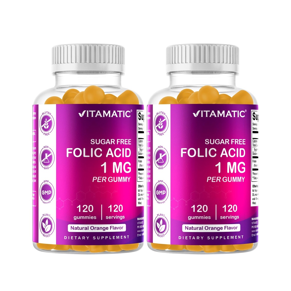 Gummées d'acide folique vitamatique 1000 mcg (1 mg) – Vitamine prénatale essentielle B9 pour maman et bébé – 120 Gummées véganes par bouteille – 2 paquets