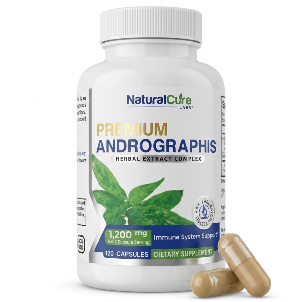 Natural Cure Labs Premium Andrographis Paniculata Extrait 1 200mg avec 100mg Andrographolides Capsules végétaliennes pour le soutien immunitaire et digestif, non-OGM, sans gluten, supplément alimentaire à base de plantes