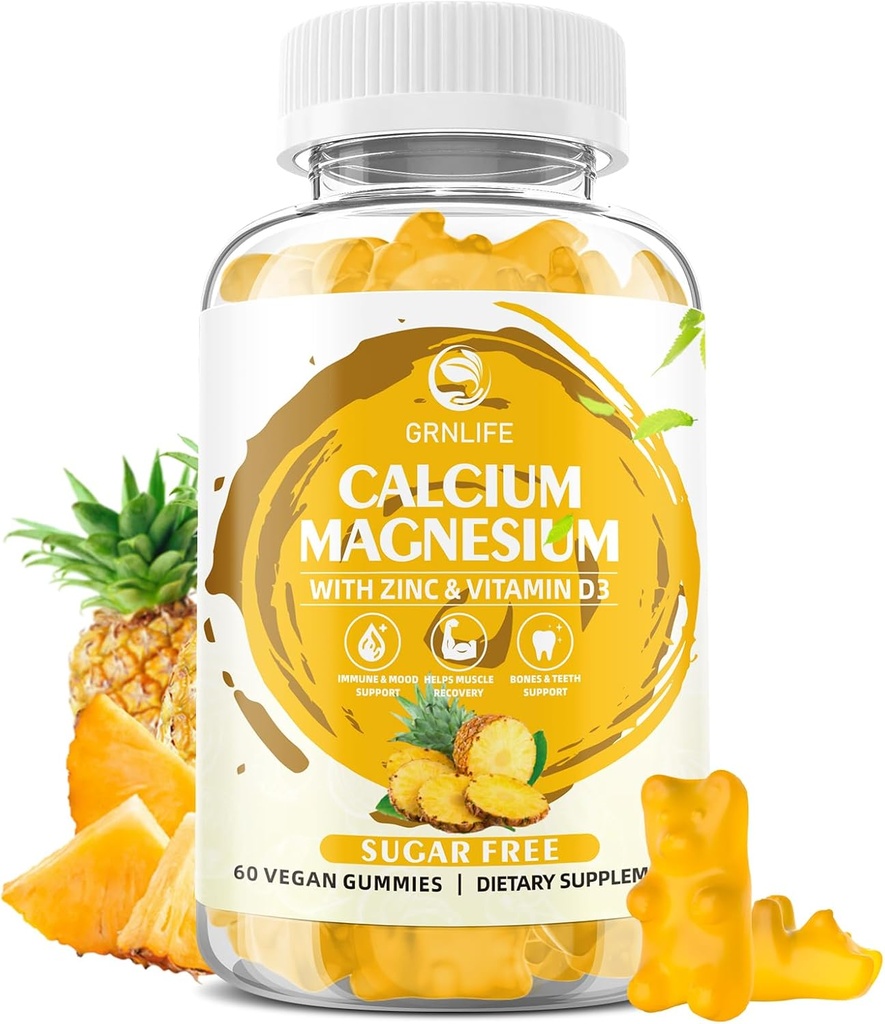 Gommies de zinc de magnésium de calcium avec vitamine D3, Gommies de calcium sans sucre pour les femmes hommes, Gommies de magnésium de haute puissance pour les os et les muscles et la santé immunitaire, ananas parfum - 60 comte