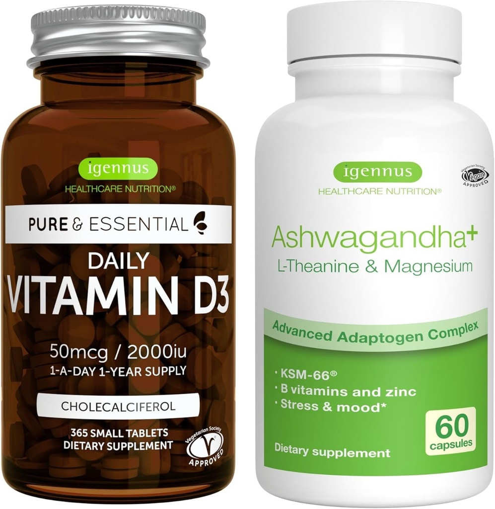 Vitamine quotidienne D3 + Ashwagandha+ L-Theanine & Magnésium Végétarien Bundle, 365 2000iu Vitamine D3 Comprimés + 600mg KSM-66 Ashwagandha avec des vitamines Zinc & B, par Igennus