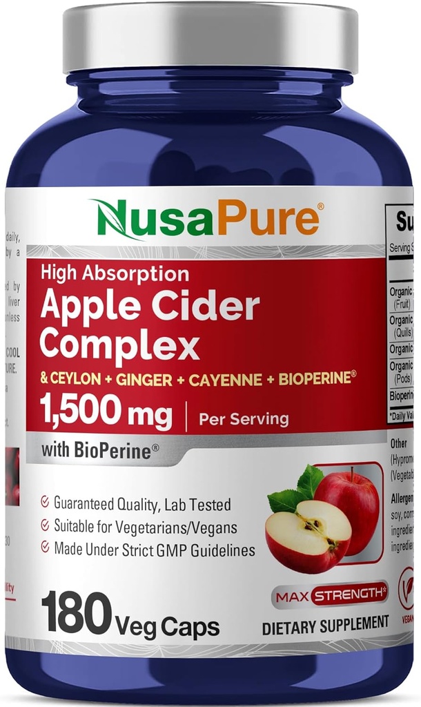NusaPure Complex de vinaigre de cidre de pomme 1500 mg 180 capsules de légumes convenant aux végétariens et végétaliens, non-OGM