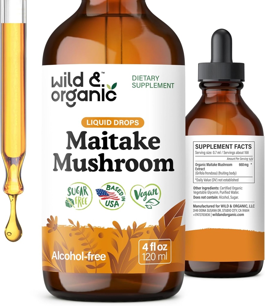 Teinture de champignons de maitake sauvage et biologique - Supplément de soutien immunitaire - Extrait de champignons de maitake liquide - gouttes végétaliennes, sans sucre et sans alcool - 4 fl oz
