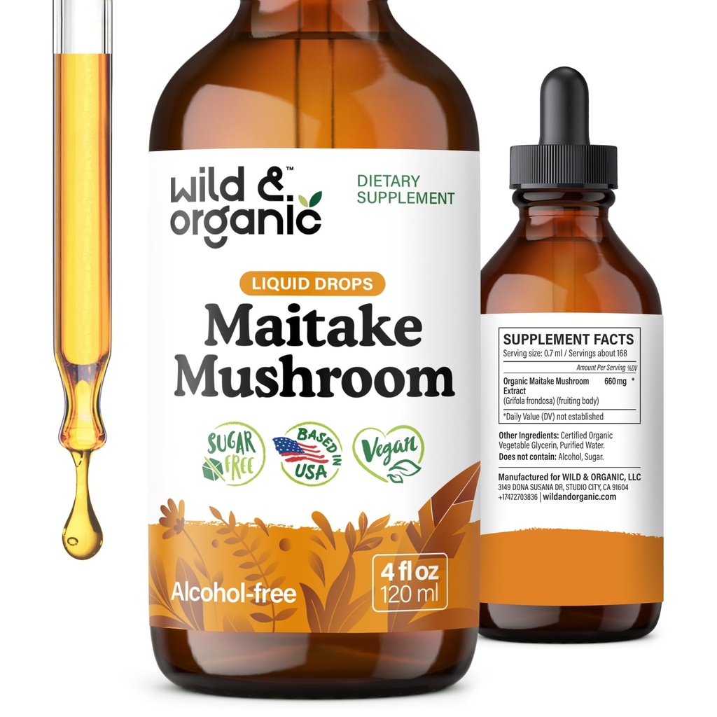 Teinture de champignons de maitake sauvage et biologique - Supplément de soutien immunitaire - Extrait de champignons de maitake liquide - gouttes végétaliennes, sans sucre et sans alcool - 4 fl oz