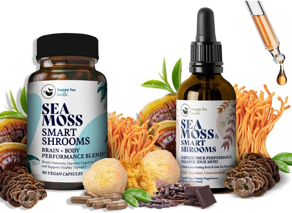 Brain Superfoods Bundle - Bio Sea Moss & Smart Shrooms, Capsules and Liquid Drops Bundle, Bio Irish Seamoss et 7 suppléments adaptogènes pour la mémoire et le focus. Gouttes liquides dans le chocolat