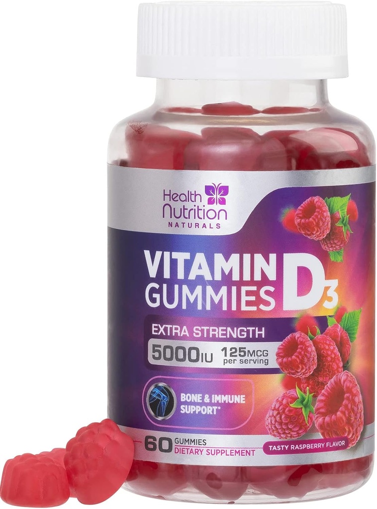 Vitamine D3 Gommies 5000 UI (125 mcg) - Soutien triple force osseuse et immunitaire, supplément alimentaire de vitamine D Gommy, supplément de vitamine D au Berry de la nature, aromatisé aux framboises, non-OGM - 60 Gommies