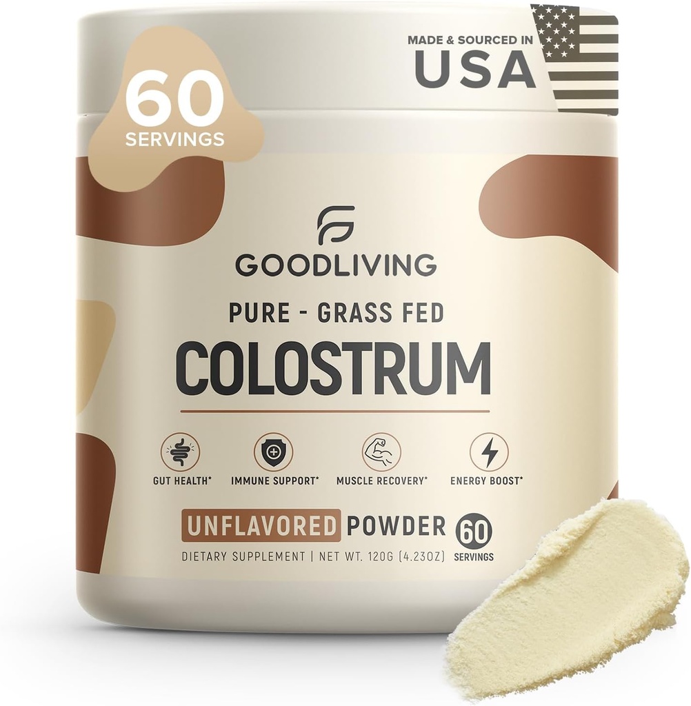 GoodLiving Grass Fed Colostrum Poudre pour le soutien immunitaire, Gut Health, Muscle Support & Wellness - Grass Fed Colostrum pour les femmes et les hommes, naturel IgG Pure Whole Colostrum, Sans saveur, 60 portions