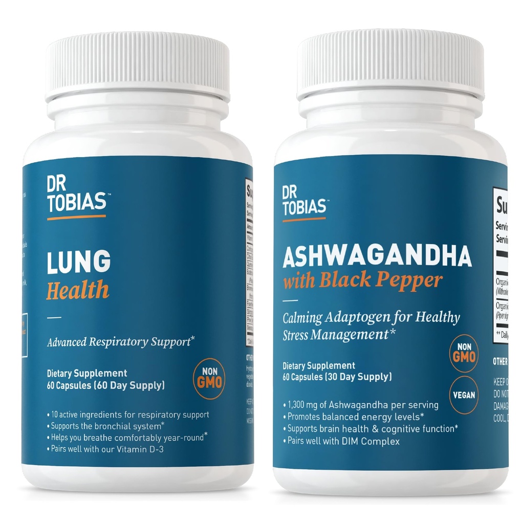 Dr Tobias Lung Health et Ashwagandha Capsules - Lung Cleanse & Detox pour le système bronchial et respiratoire avec formule adaptogène calmante, non-OGM
