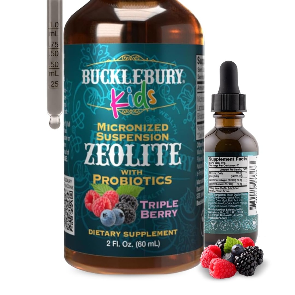 BUCKLEBURY Détox de zéolite liquide pour les enfants avec des probiotiques - Sans sucre Probiotiques naturels d'arôme de baies pour les enfants - Détox de métal lourd de zéolite et de l'immunité support - 2 Fl Oz