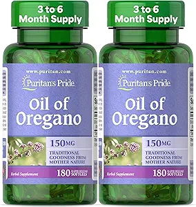 Puritan's Pride Oil of Oregano 150mg, soutien à base de plantes à base de plantes traditionnelles, 180 softgels à libération rapide, pack de 2