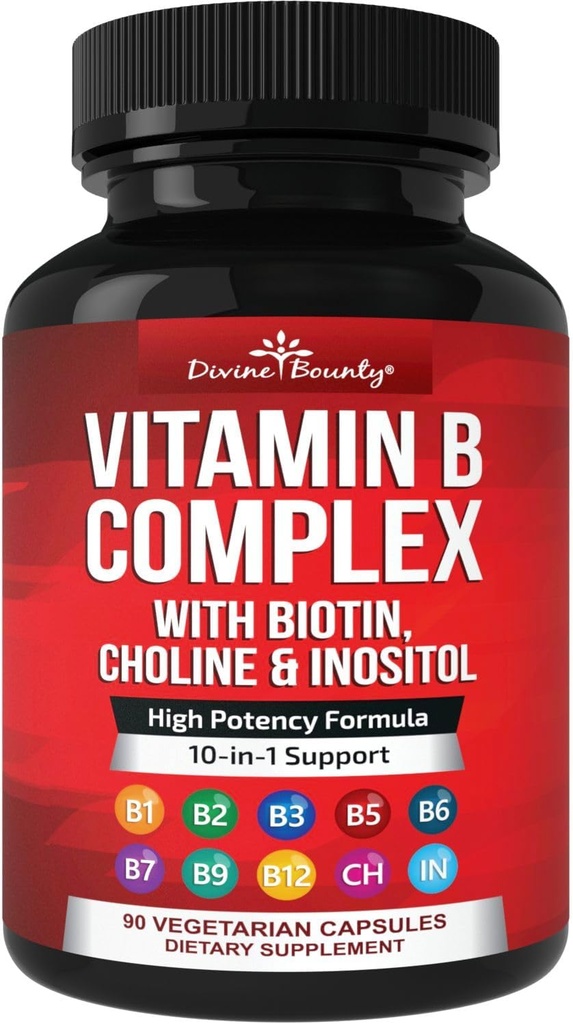 Vitamines complexes Divine Bounty Super B - Toutes les vitamines B incluant B12, B1, B2, B3, B5, B6, B7, B9, Acide folique - Supplément de vitamine B - Soutenir le métabolisme de l'énergie saine - 90 capsules végétariennes