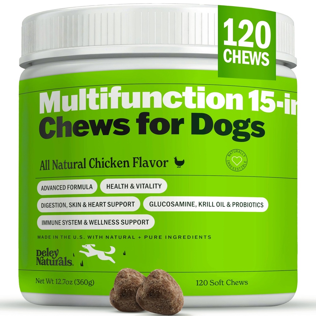 Deley Naturals 15 en 1 Multivitamine pour chiens - Vitamines complètes pour chiens et suppléments pour le soutien immunitaire, l'articulation, la peau, la digestion, le coeur et la santé globale - Suppléments multifonctions quotidiens - 120 Chews