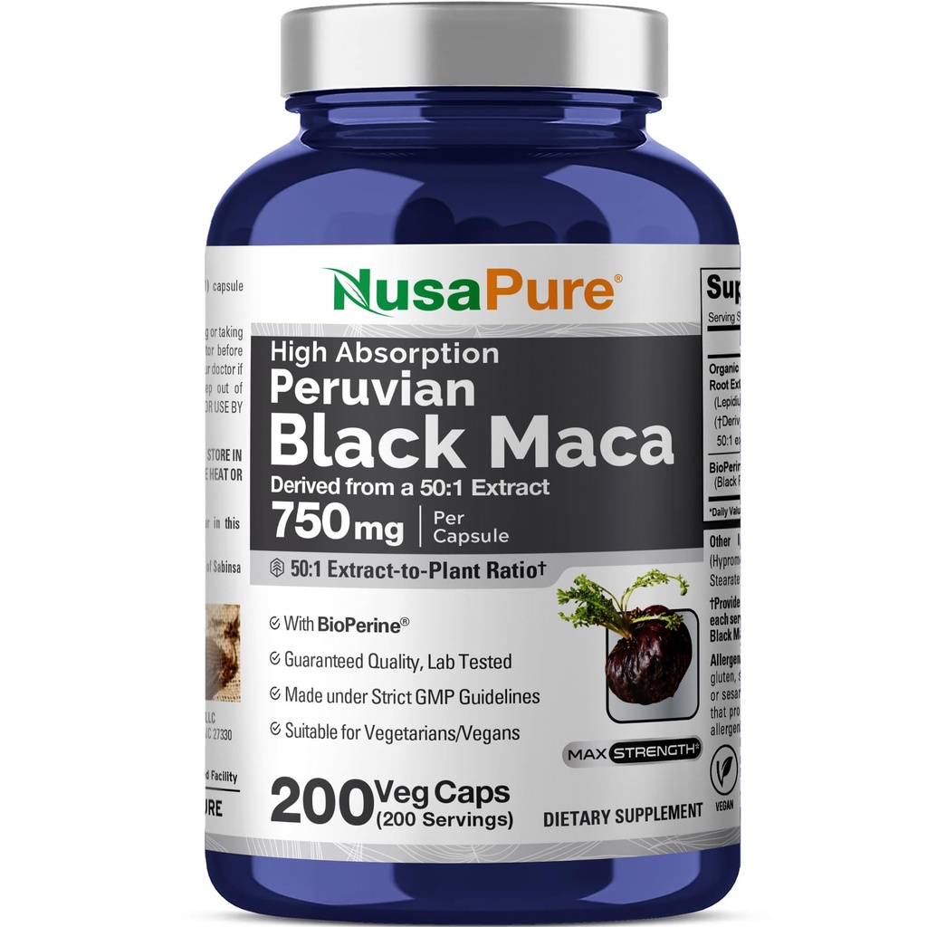 NusaPure Black Maca Root 50:1 Extrait, 750 mg équivalent à 37 500 mg 200 Veggie par bouchon (Vegan, non-OGM)