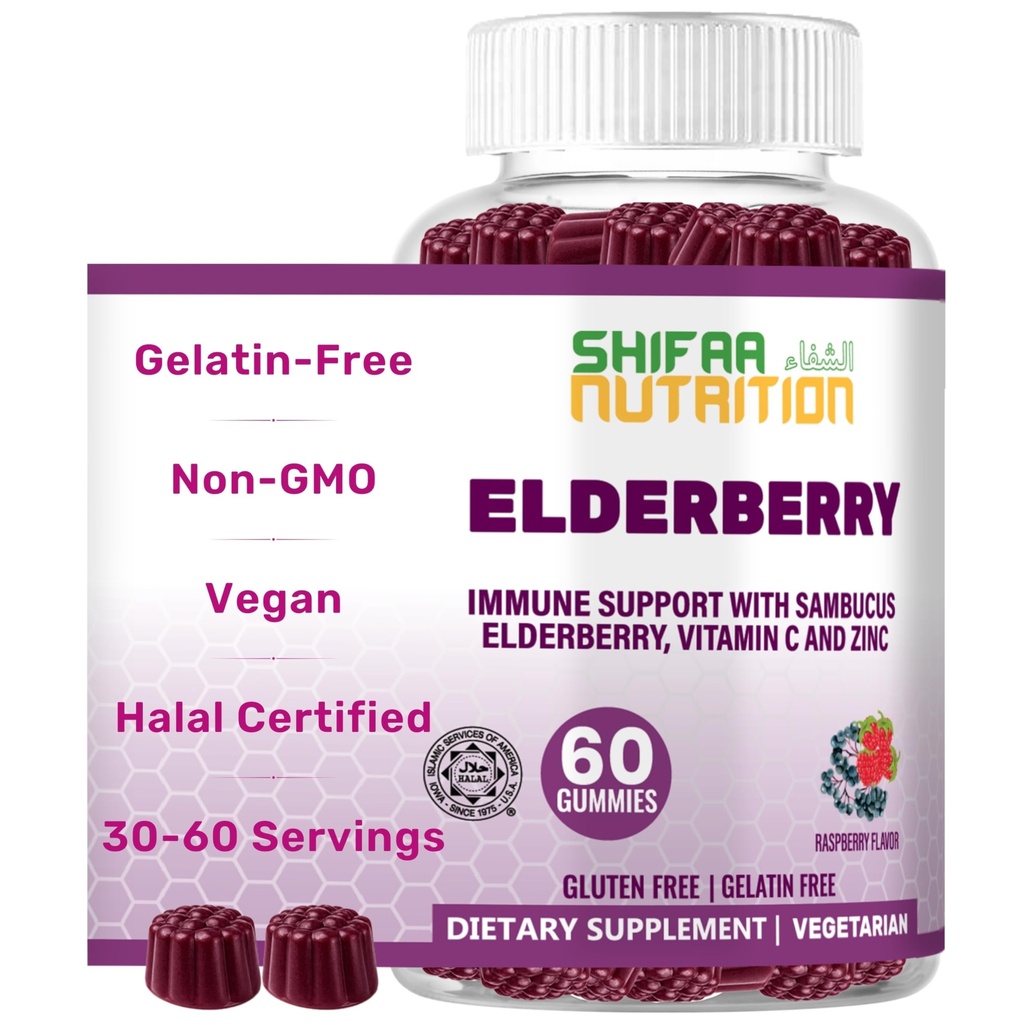 SHIFAA NUTRITION Végétalienne Sambucus noir Gommies d'anciennes baies de S.A.R.M. 60 Gommies, 30 Servir avec 100mg de baies de S.A., 90mg de vitamine C, 7,5mg de zinc, anti-oxydants Flavonoïdes Vitamines halales