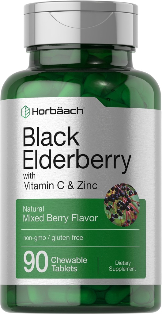 Horbaach Black Elderberry avec vitamine C et zinc 90 Comprimés à croustillants.Complexe de soutien immunitaire pour les baies mixtes.
