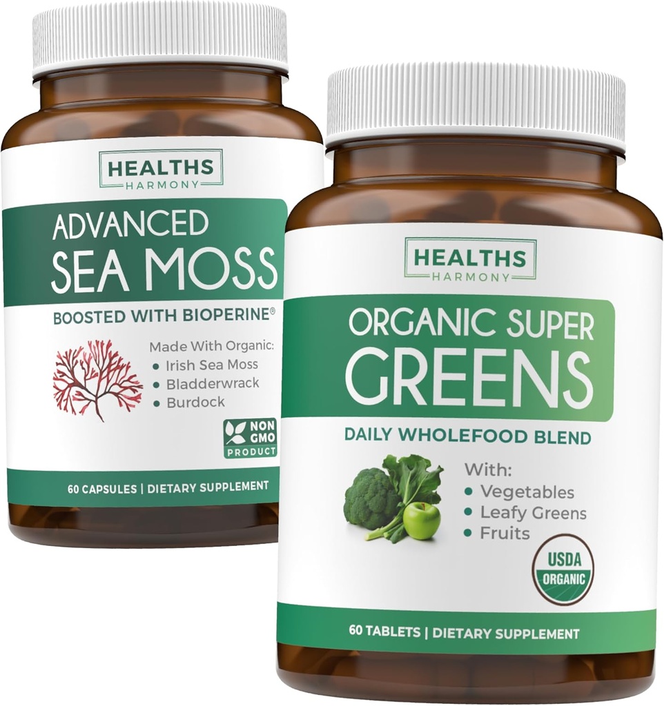 Mousse de mer irlandaise et Super Greens biologiques (1-Mois d'approvisionnement) Supercharge Duo Bundle - Seamos de mer irlandais biologique - Superfood végétalien brut (60 capsules) et Greens biologique en poudre avec 28 fruits et légumes (60 capsules)