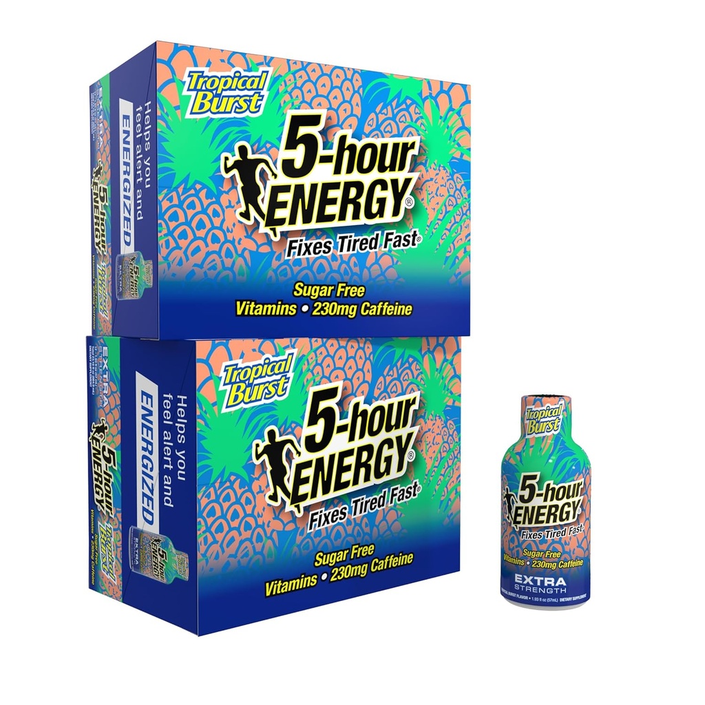 5 heures ENERGY Extra Strength Energy Shot, Tropical Burst Flavor (1.93 oz., 24 comte) Zéro calories et sans sucre 230 mg Caffeinated Shot, Amino Acides & B Vitamines, compléments alimentaires