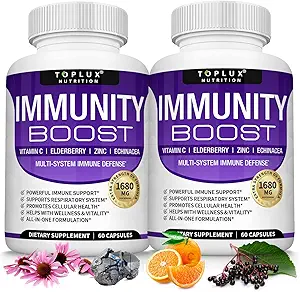 Supplément de soutien immunitaire 10 en 1 Immunity Boost – 1650mg Fabriqué avec des baies d'eau, vitamine C, zinc, échinacée et probiotiques pour le système immunitaire Booster, soutenir système respiratoire sain, 2x 60 Capsule