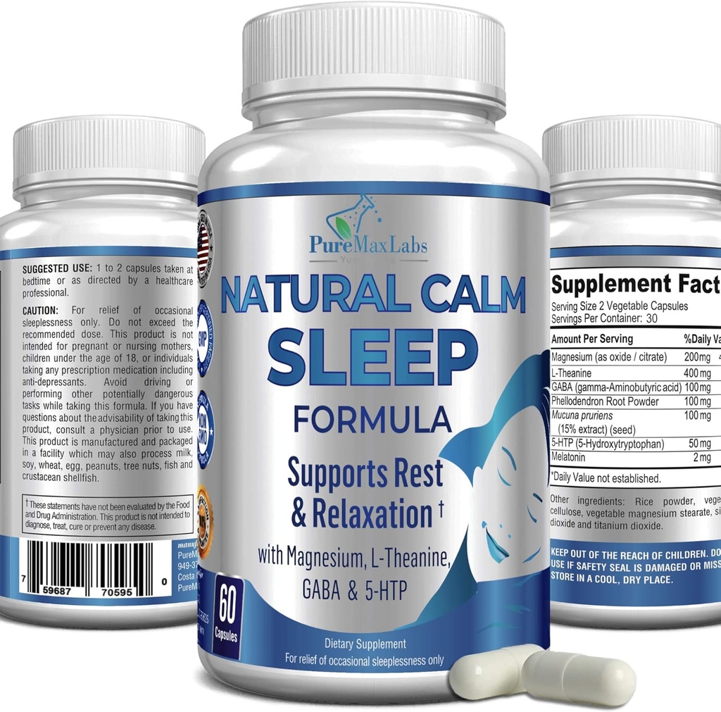 Aide naturelle au sommeil calme avec Magnésium, L-Theanine, Mélatonine, GABA, 5-Htp