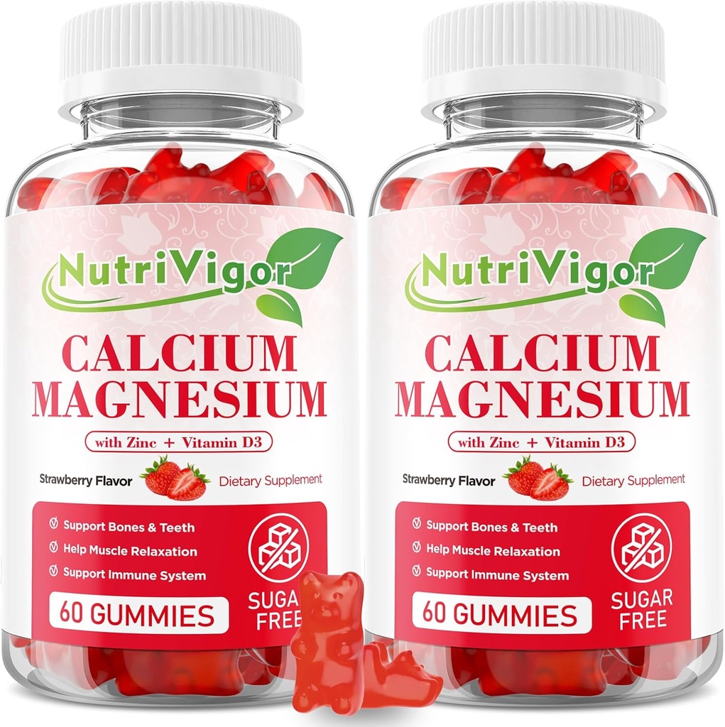 Gommies de zinc de magnésium de calcium avec haute absorption Magnésium 300mg, supplément de calcium avec D3 pour os, muscles et immunosupport pour enfants et adultes, fraise, 120 comte