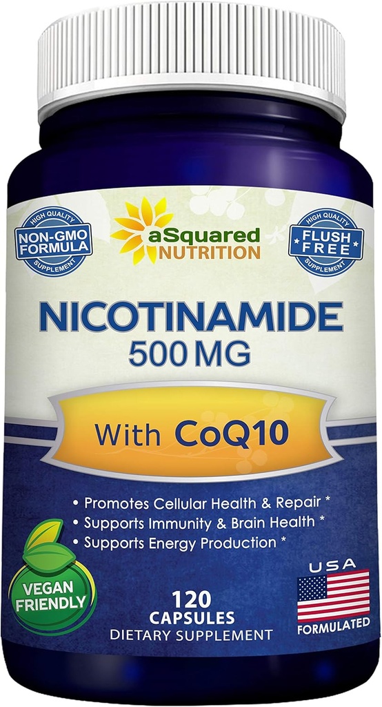 Nicotinamide avec CoQ10 (120 capsules) - Vitamine B3 500mg (Niacinamide Flush Free) - Coenzyme Q10 Poudre - VIT B-3 et Coq 10 pilules supplémentaires pour soutenir l'énergie, la DNA et la santé des cellules de la peau