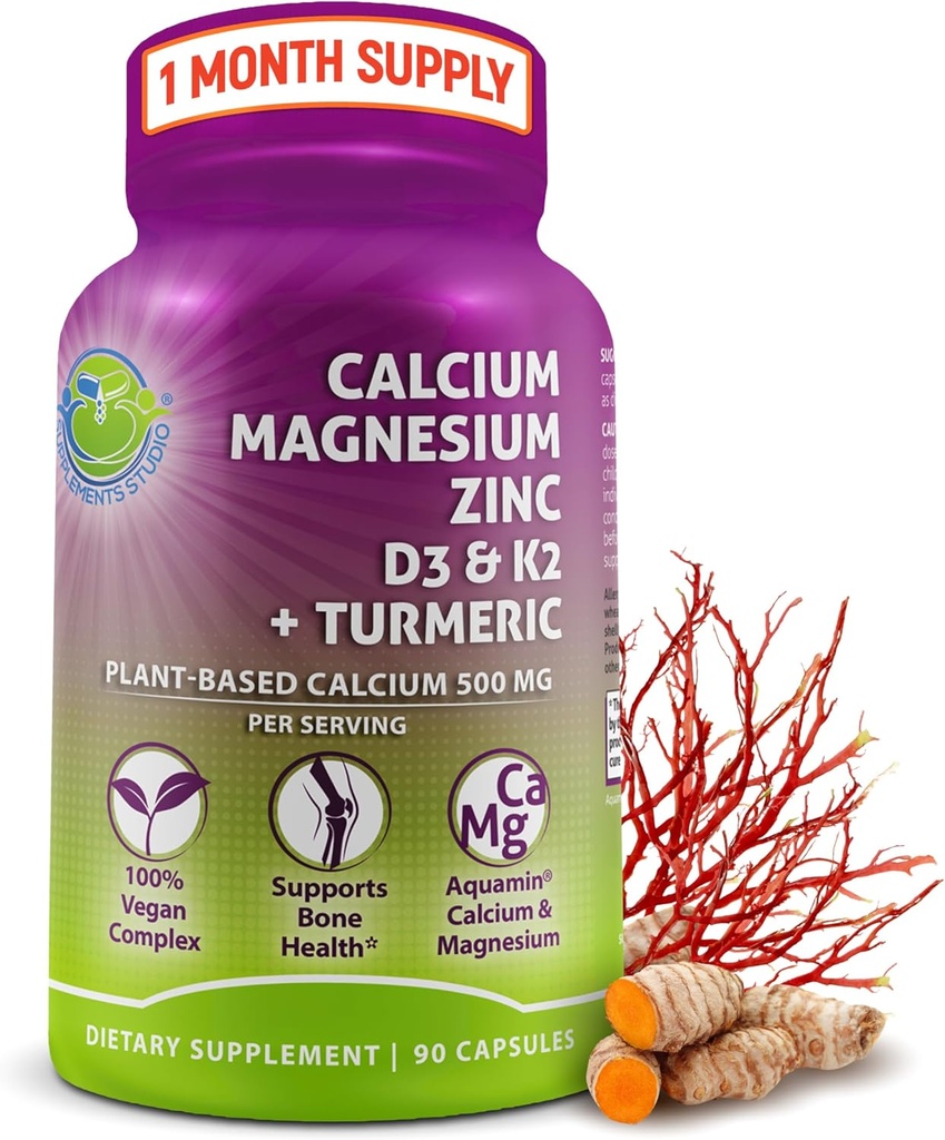 Calcium à base végétale 500mg (Aquamin) – Calcium végétalien zinc de magnésium D3 avec vitamine K2 et curcuma organique – amélioration de la santé des os et des muscles et de la force, soutien immunitaire pour les femmes et les hommes - 90 Nombre