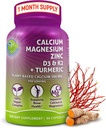 Calcium à base végétale 500mg (Aquamin) – Calcium végétalien zinc de magnésium D3 avec vitamine K2 et curcuma organique – amélioration de la santé des os et des muscles et de la force, soutien immunitaire pour les femmes et les hommes - 90 Nombre