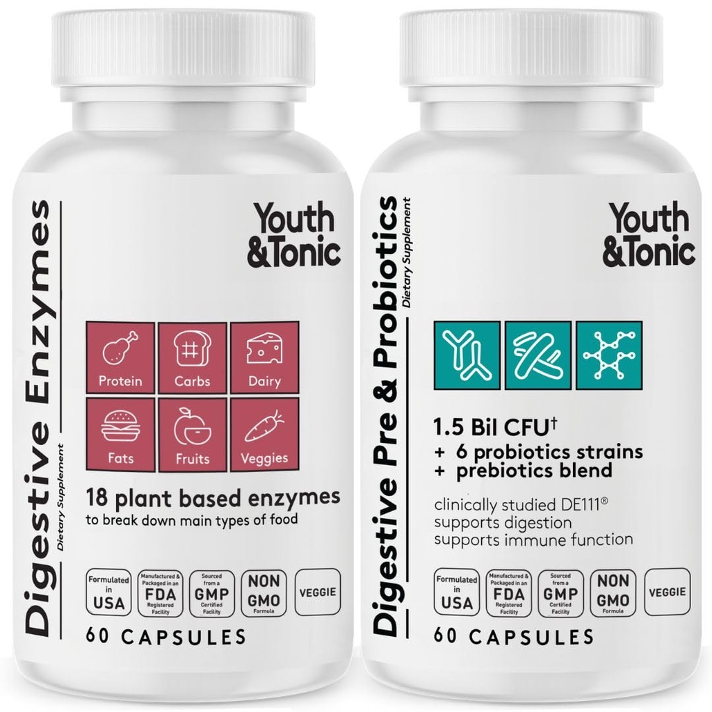 Supplément digestif pour les jeunes et les toniques pour le bloom, la régularité et la santé gustative. Enzymes du spectre complet Probiotiques et prébiotiques pour la digestion pour briser la nourriture et pour utiliser quotidiennement, pour les femmes et les hommes – 120 pilules
