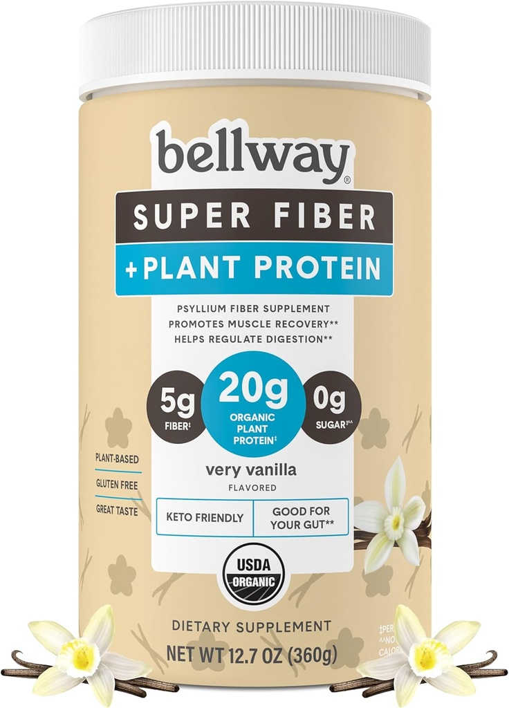 Bellway Super Fibre + Poudre de Protéines, Supplément de Fibre de Psyllium Bio Sans Sucre avec 20g de Protéine végétale par portion, Très Vanille, 12,7 oz